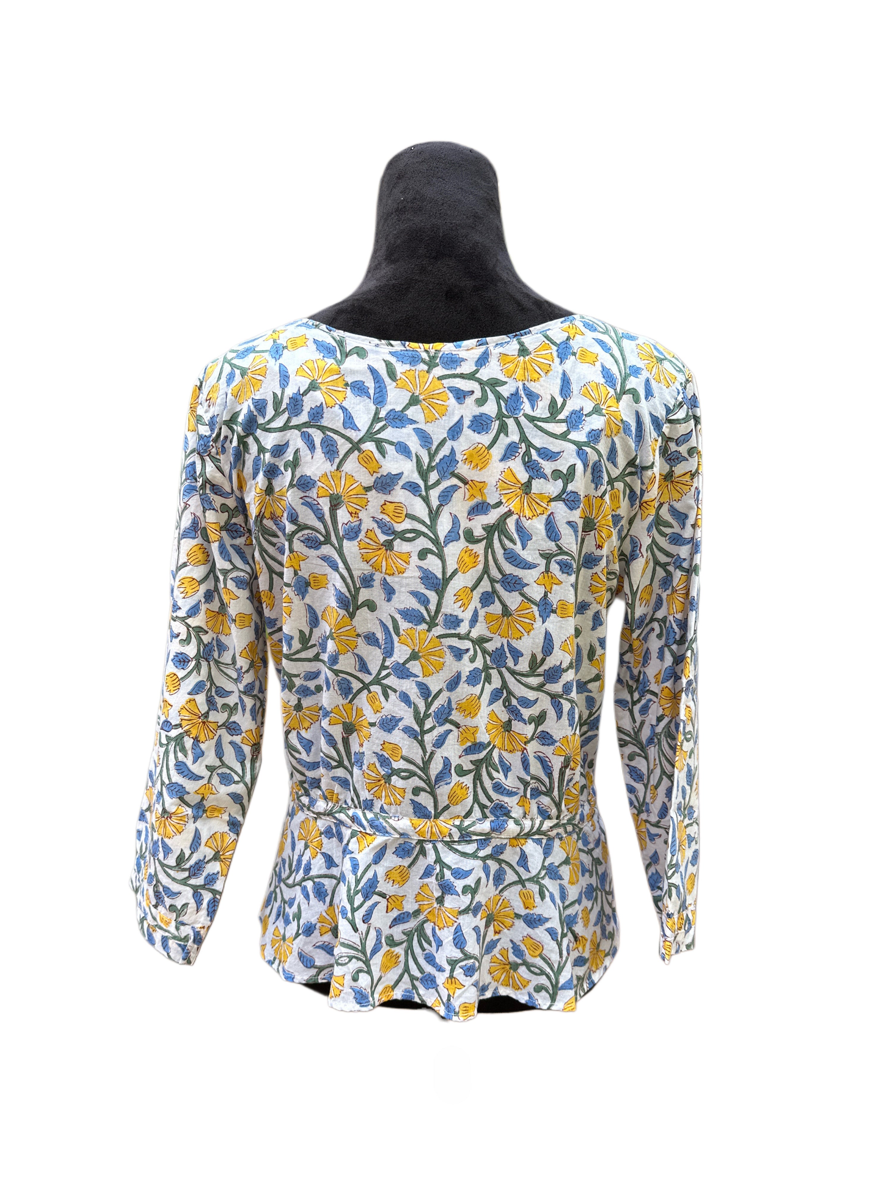 Blue and Yellow Flower Vines Print Blouse