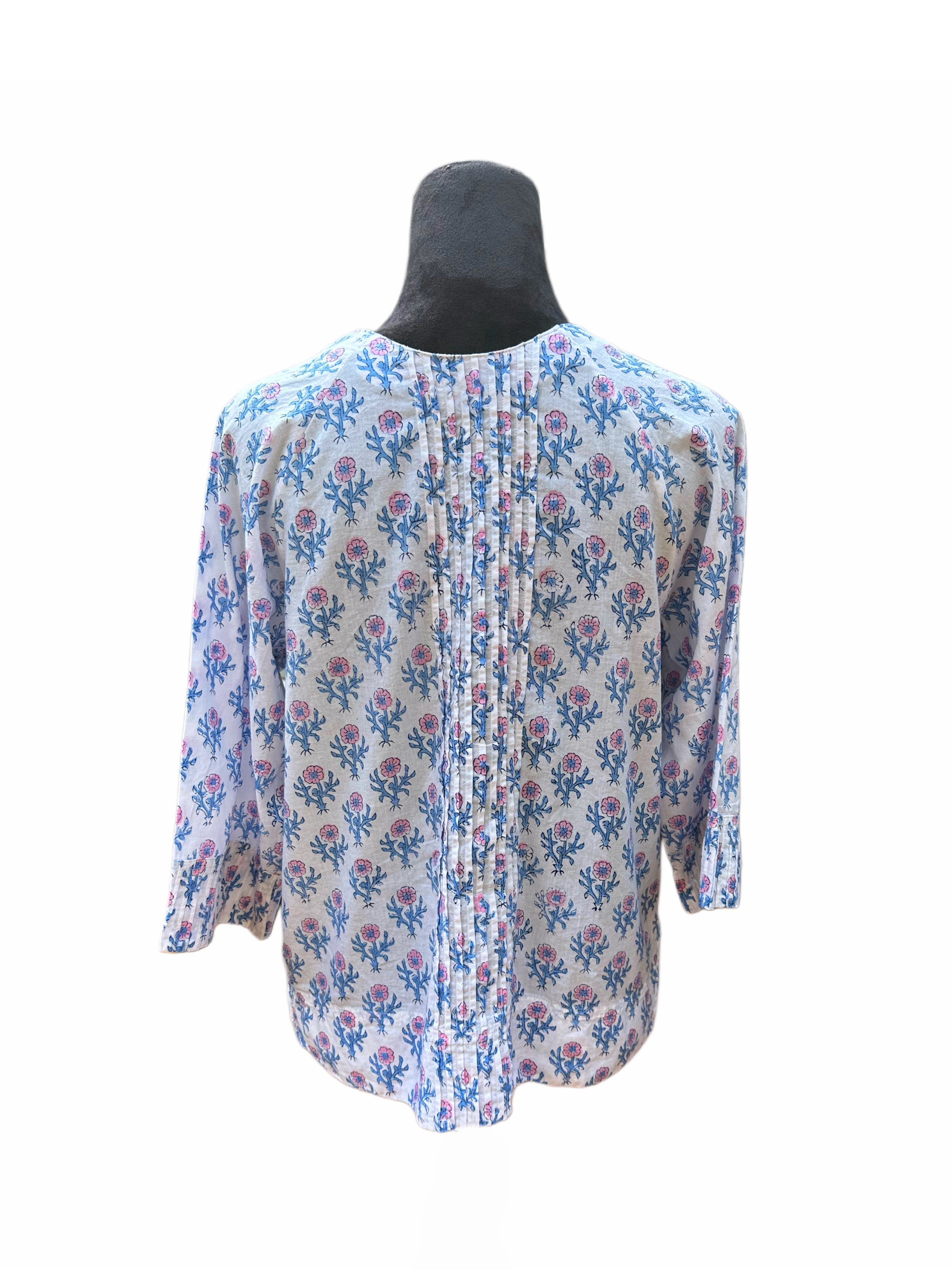 Blue and Pink Jaipur Block Print Button Top