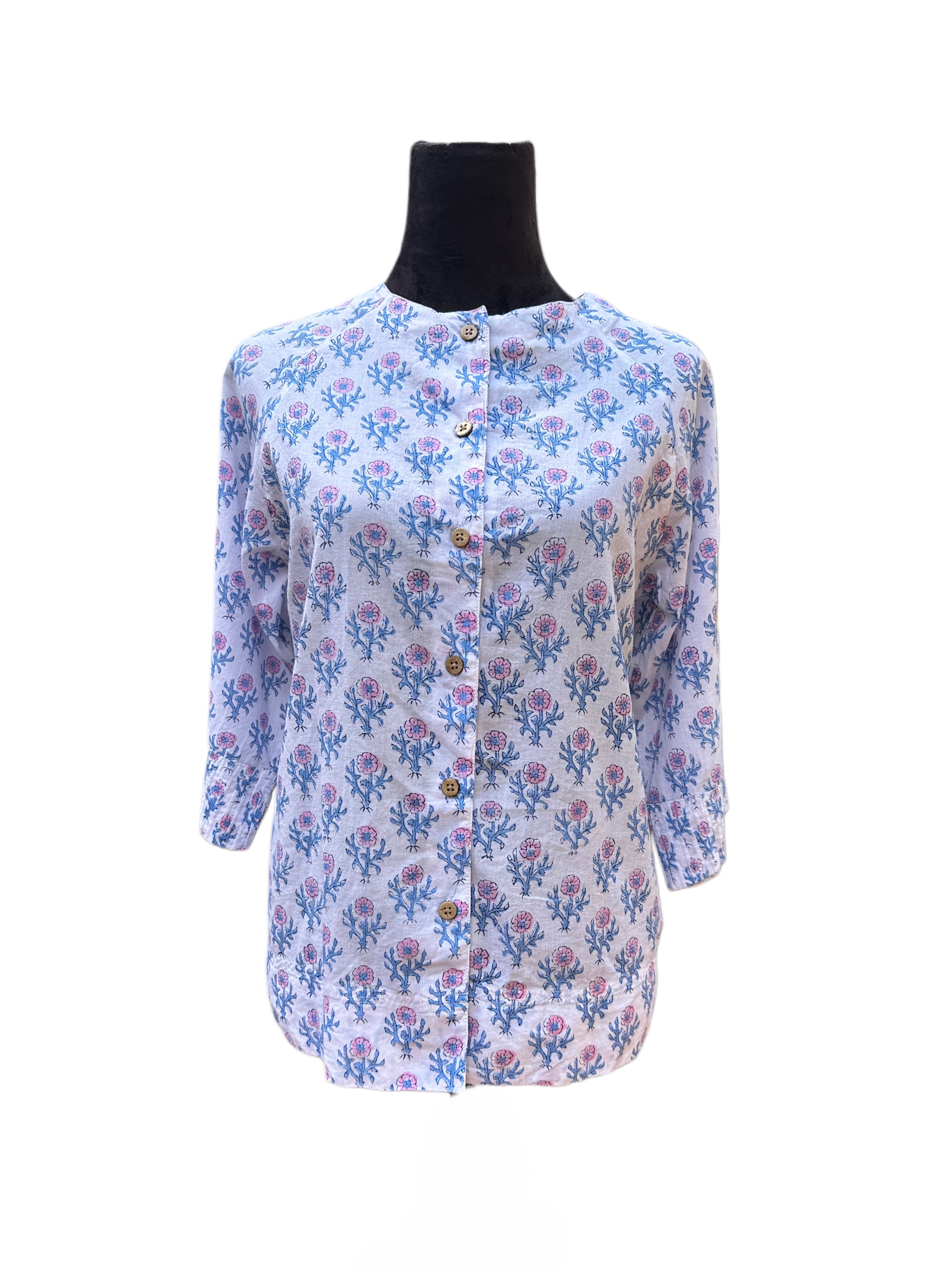 Blue and Pink Jaipur Block Print Button Top