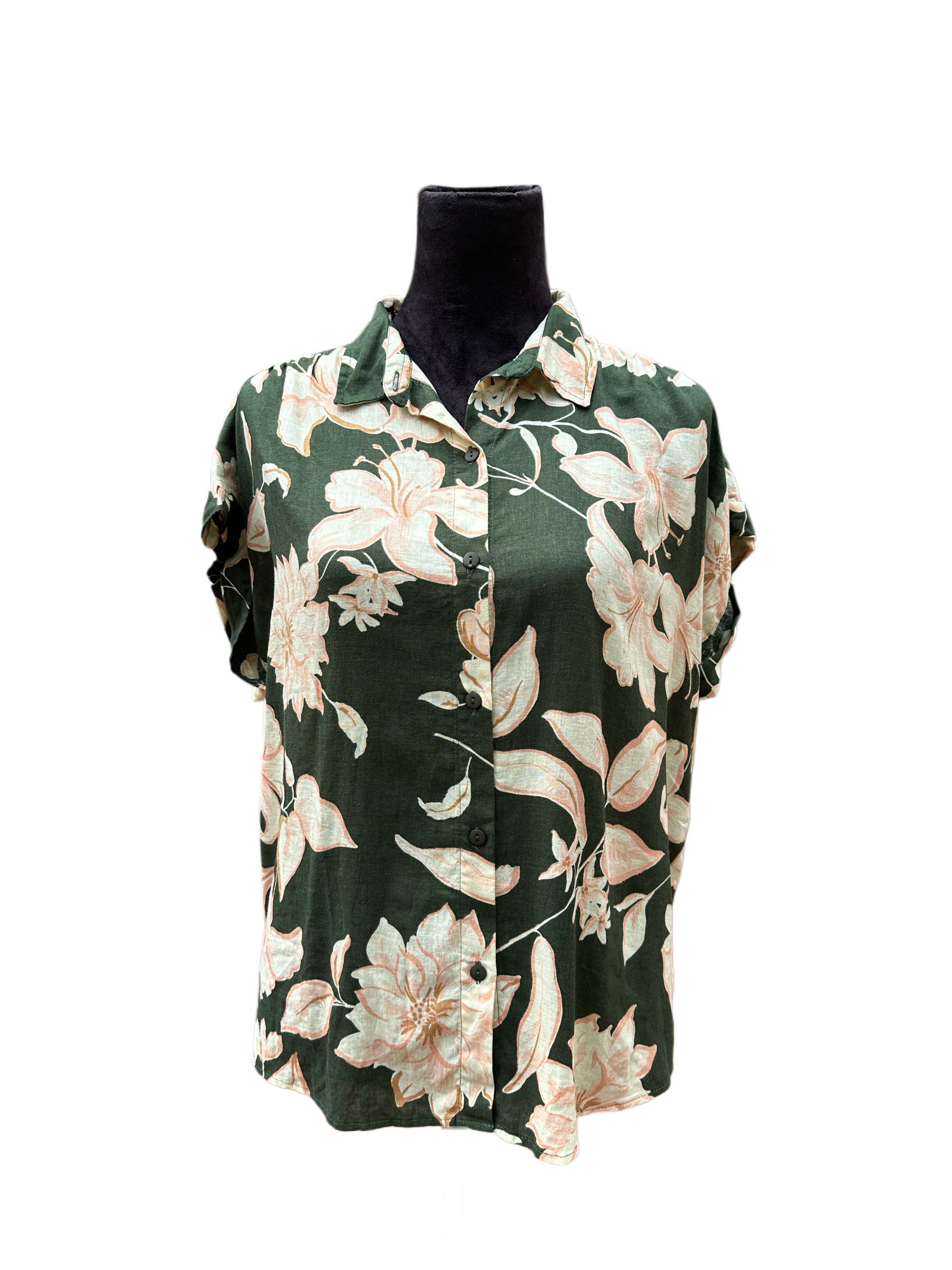 Dark Green with Peach Flowers Blouse