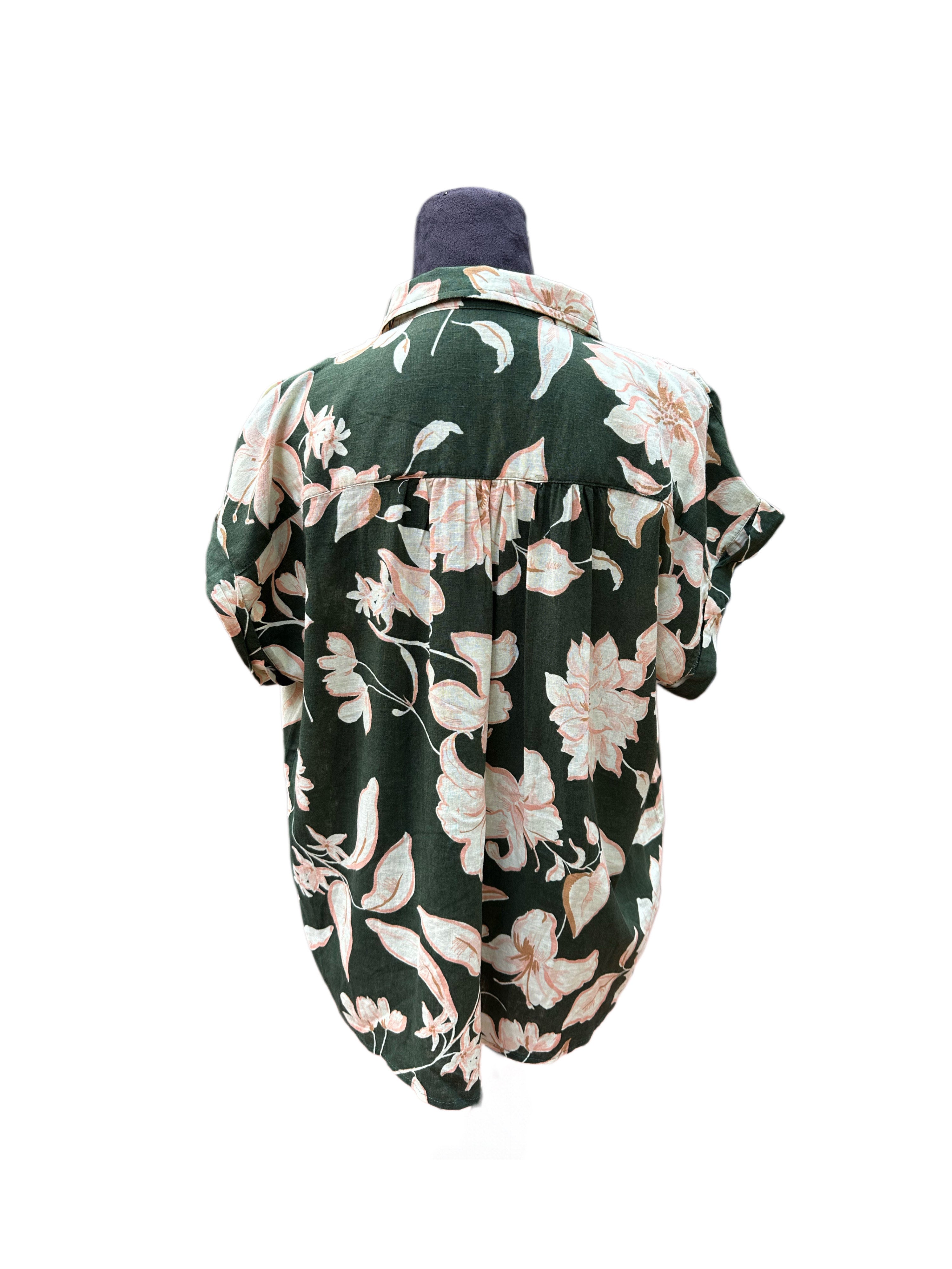 Dark Green with Peach Flowers Blouse