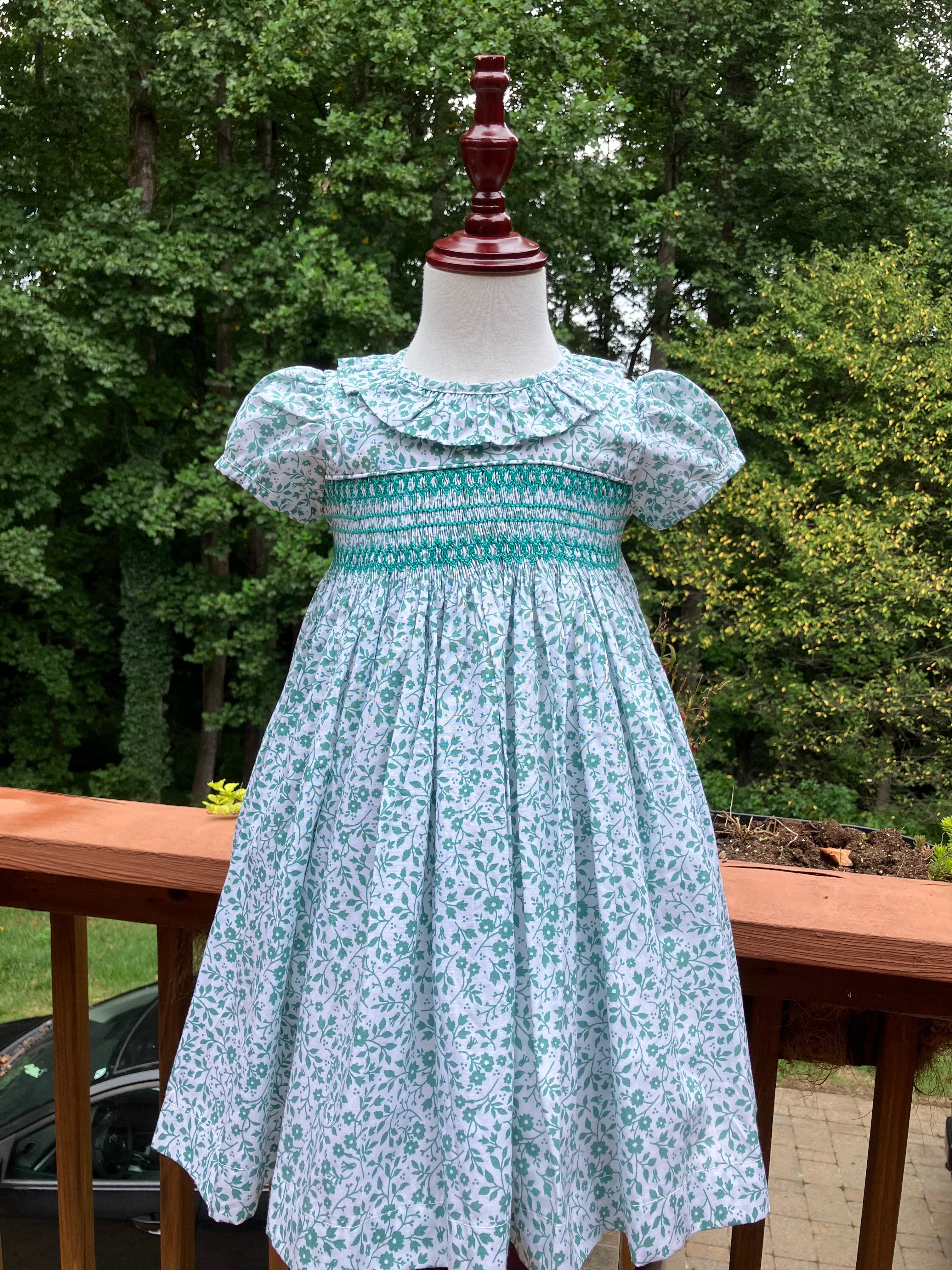Green and White Smocked Baby Dress